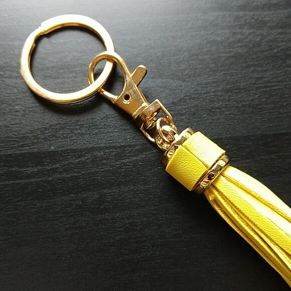 Faux Leather Yellow Tassel Keychain gold tone hardware spring hook clip 4" - Picture 4 of 7